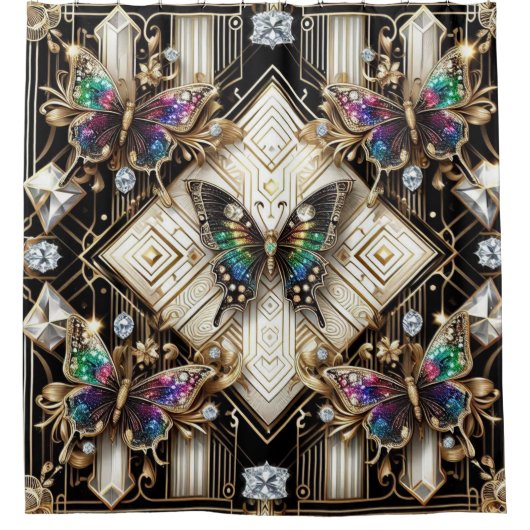 Modern Art Deco Rainbow Butterfly シャワーカーテン (正面)