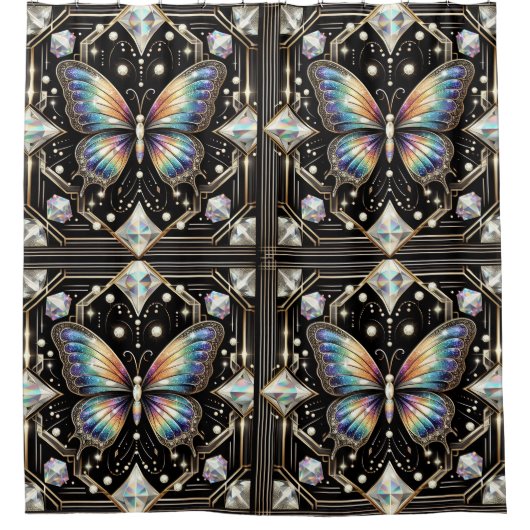 Modern Art Deco Rainbow Butterfly シャワーカーテン (正面)
