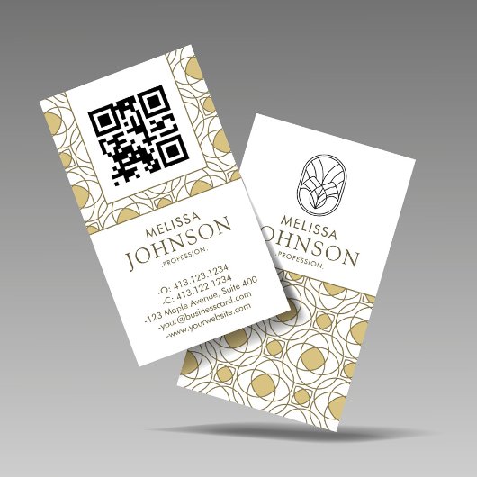 Modern Art Deco Vertical Gold QR Code 名刺