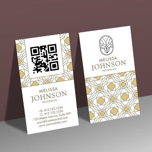 Modern Art Deco Vertical Gold QR Code 名刺