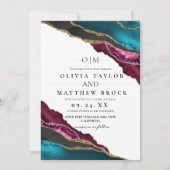 Modern Art Maroon Gray Turquoise Agate Wedding 招待状 (正面)