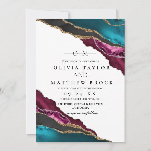 Modern Art Maroon Gray Turquoise Agate Wedding 招待状 (正面)