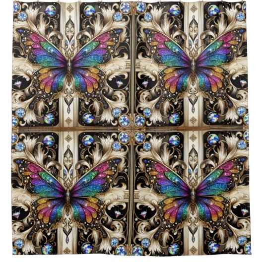 Modern Art Nouveau Rainbow Butterfly シャワーカーテン (正面)