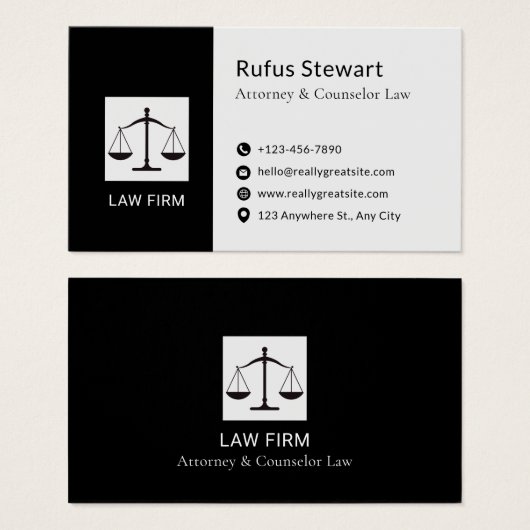Modern Attorney Design White & Black Business Card (正面&裏面)
