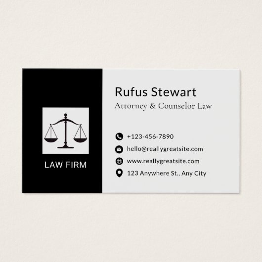Modern Attorney Design White & Black Business Card (正面)