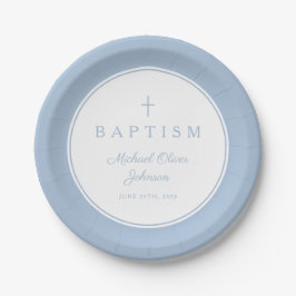 Modern Baby Blue Religious Cross Baptism ペーパープレート