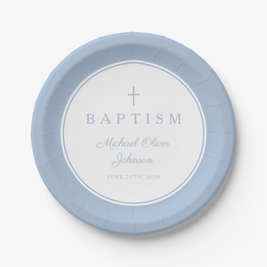 Modern Baby Blue Religious Cross Baptism ペーパープレート (正面)