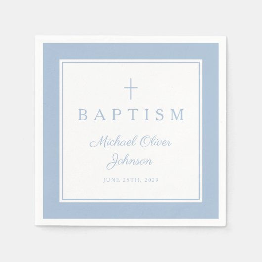 Modern Baby Blue Religius Cross Boy Baptism スタンダードカクテルナプキン (正面)