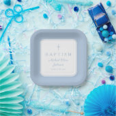 Modern Baby Blue Religius Cross Boy Baptism ペーパープレート (パーティー)