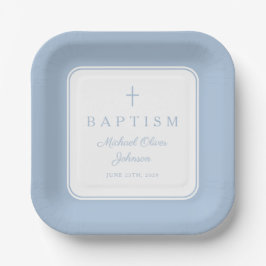 Modern Baby Blue Religius Cross Boy Baptism ペーパープレート