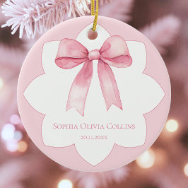 Modern Baby Girl Personalized Pink Watercolor Bow セラミックオーナメント