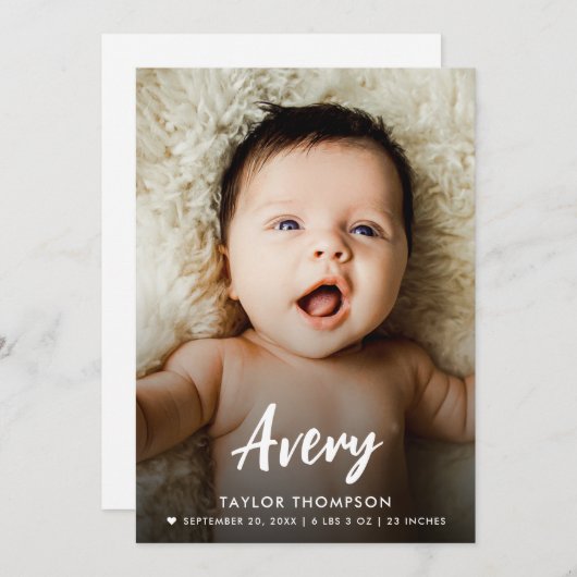 Modern Baby Name Brush script custom photo birth  招待状 (正面/裏面)