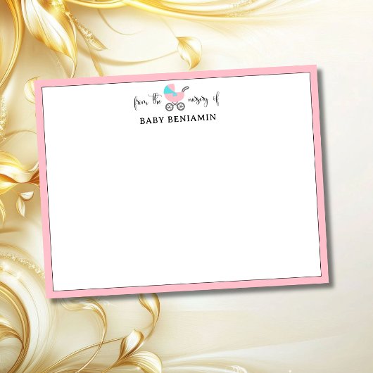 Modern Baby Pink Baby Carriage Nursery Note Card 招待状