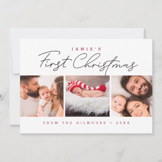Modern Baby’s First Christmas 3 Photos Red white シーズンカード (正面)