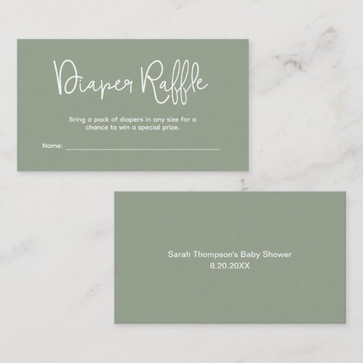 Modern Baby Shower Sage Green Diaper Raffle エンクロージャーカード (正面/裏面)