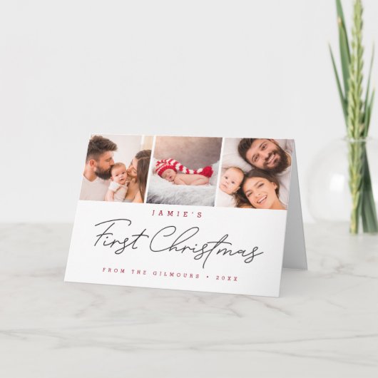 Modern Baby's First Christmas Custom 3 Photos シーズンカード (正面)