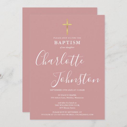 Modern Baptism Christening Dusty Rose Pink 招待状 (正面/裏面)