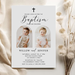 Modern Baptism Twins Boy and Girl Photo 招待状