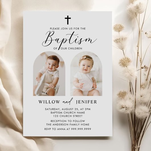 Modern Baptism Twins Boy and Girl Photo 招待状