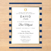 Modern Bar Mitzvah Navy Blue Stripe Gold アクリル招待状 (正面)