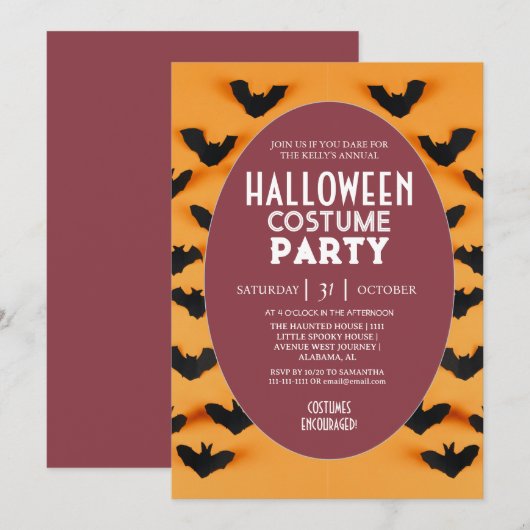 Modern Bat Pattern Halloween Costume Party 招待状 (正面/裏面)