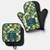 Modern Bauhaus Abstract Geometric Monogram Pattern 鍋つかみ&鍋敷きセット (正面/裏面)