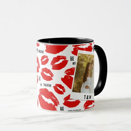 Modern Be My Valentines Lips Couple Photo Initial  マグカップ (正面右)
