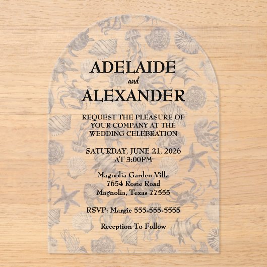 Modern Beach Coastal Watercolor Wedding Blue アクリル招待状 (正面)