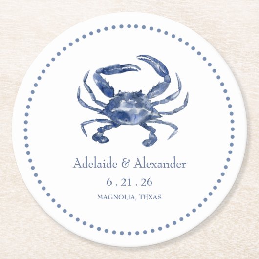 Modern Beach Coastal Watercolor Wedding Blue ラウンドペーパーコースター (正面)