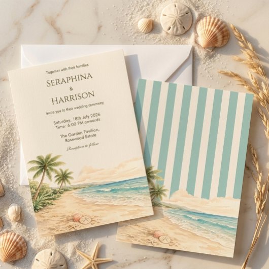 Modern Beach Destination Wedding Light Blue Stripe 招待状