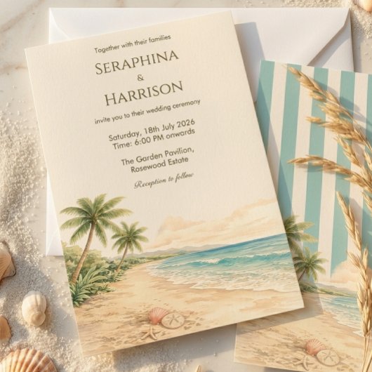Modern Beach Destination Wedding Light Blue Stripe 招待状