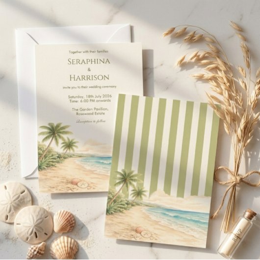 Modern Beach Destination Wedding Sage Green Stripe 招待状