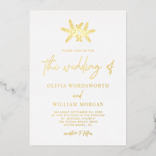 Modern Beach Starfish Coastal Script Wedding 箔招待状 (正面)