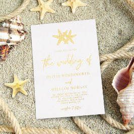 Modern Beach Starfish Coastal Script Wedding 箔招待状