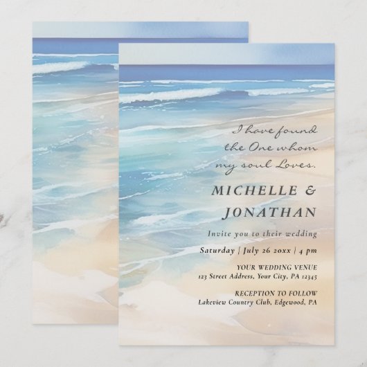 Modern Beach Watercolor Ocean Christian Wedding 招待状 (正面/裏面)