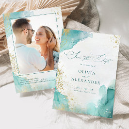 Modern Beach Wedding Teal Gold Abstract Photo セーブザデート