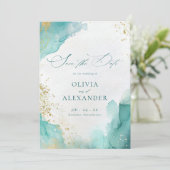 Modern Beach Wedding Teal Gold Abstract Photo セーブザデート (スタンド正面)