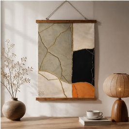 Modern Beige Black Gold Abstract Geometric Marble 吊り下げ型タペストリー