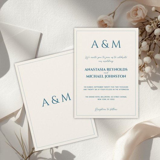Modern beige blue minimalist wedding invitation 招待状