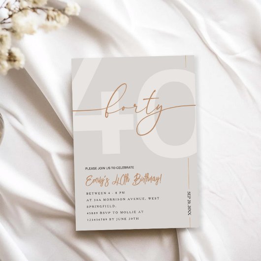 Modern Beige & Gold 40th Birthday Invitation 招待状