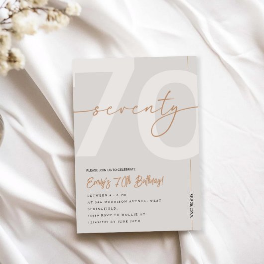 Modern Beige & Gold 70th Birthday Invitation 招待状