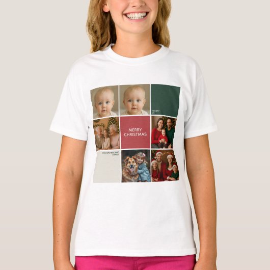 Modern beige Sage RED collage Christmas family Tシャツ (正面)