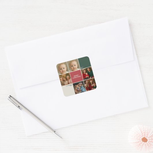 Modern beige Sage RED collage merry Christmas スクエアシール (封筒)