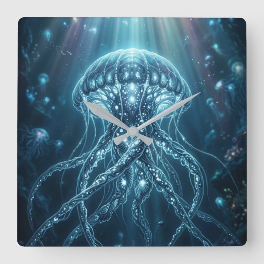 "Modern Bioluminescent Jellyfish Deep Sea Wall Clo スクエア壁時計 (正面)