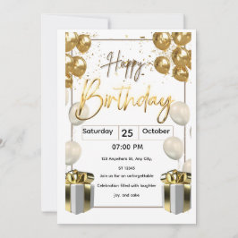 Modern Birthday Invitation Card with Golden Balloo 招待状