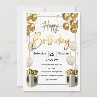 Modern Birthday Invitation Card with Golden Balloo 招待状