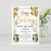 Modern Birthday Invitation Card with Golden Balloo 招待状 (スタンド正面)