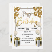 Modern Birthday Invitation Card with Golden Balloo 招待状 (正面/裏面)