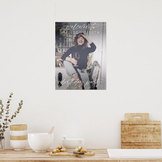 Modern Birthday Party Photo Welcome Elegant Script ポスター (キッチン)