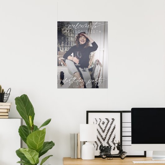 Modern Birthday Party Photo Welcome Elegant Script ポスター (ホームオフィス)